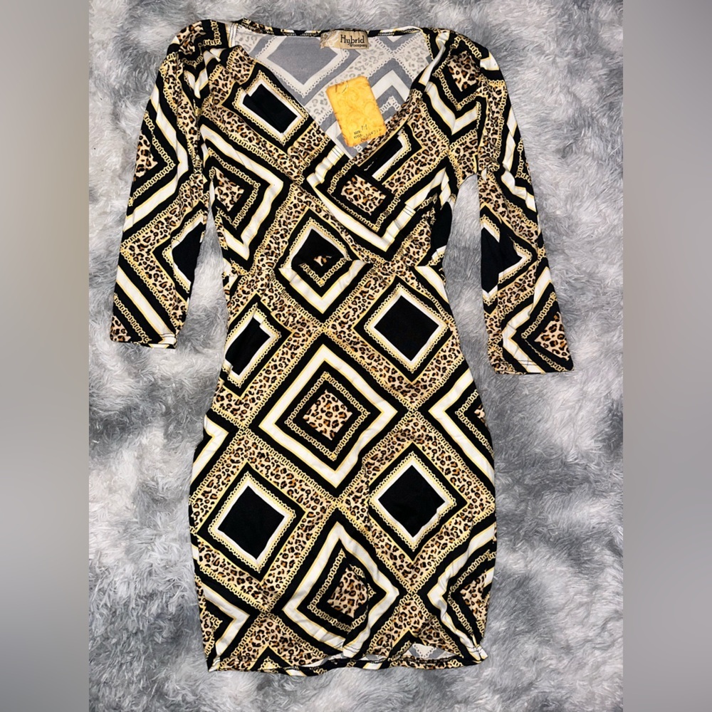 Hybrid & Company Geometric Leopard Print Dress in Black and Gold - NWT Medium